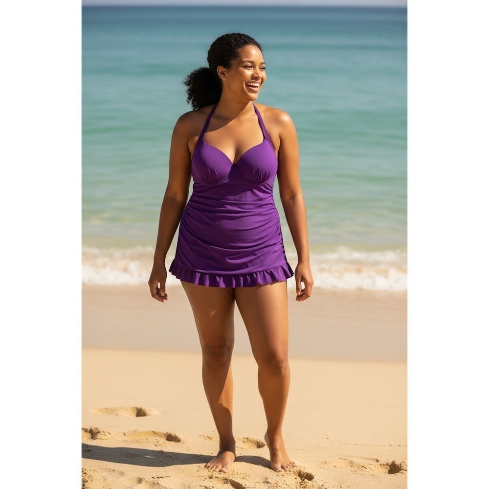 Torrid Swimdress One-Piece Swimsuit Women Size 1XL Purple Underwire Ruched skirt